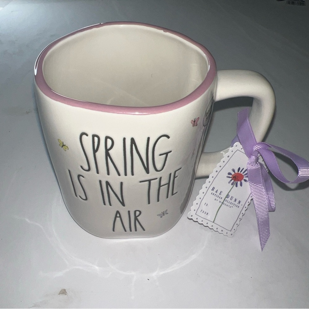 Rae Dunn Mug with Pink Rim and Purple Ribbon